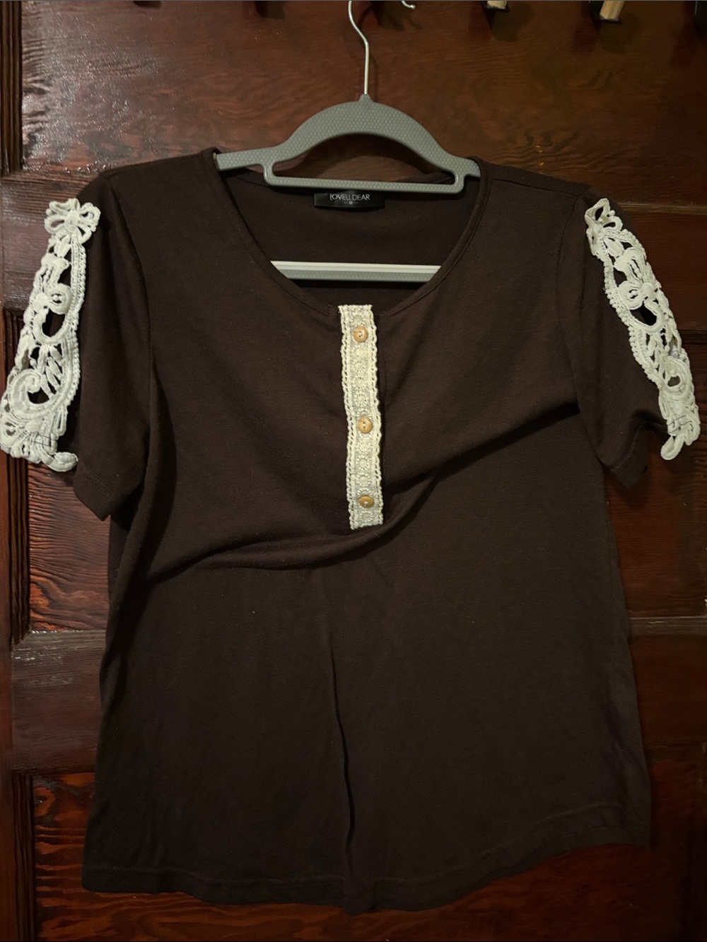 Brown Short Sleeve Top with Crochet Trim